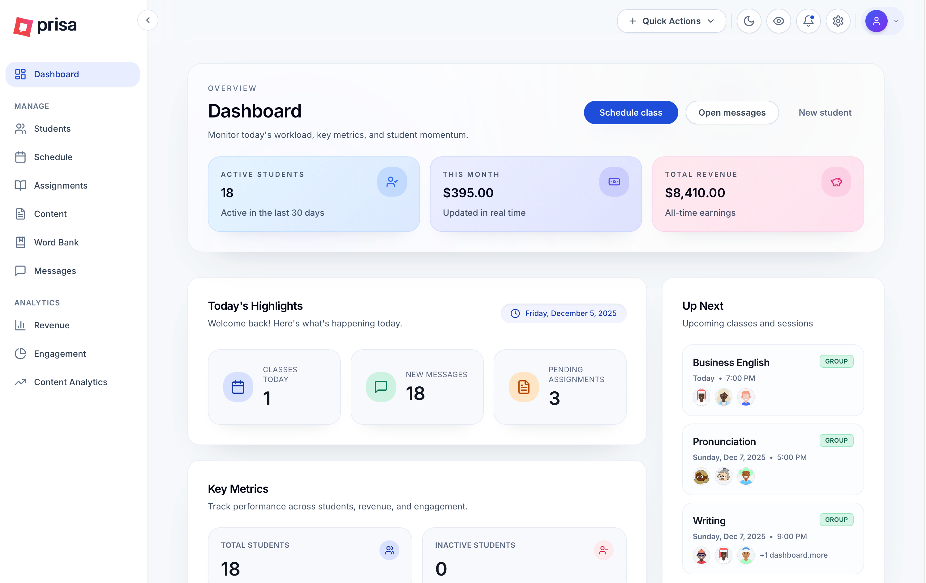 Prisa Tutor Suite Dashboard - Student Management