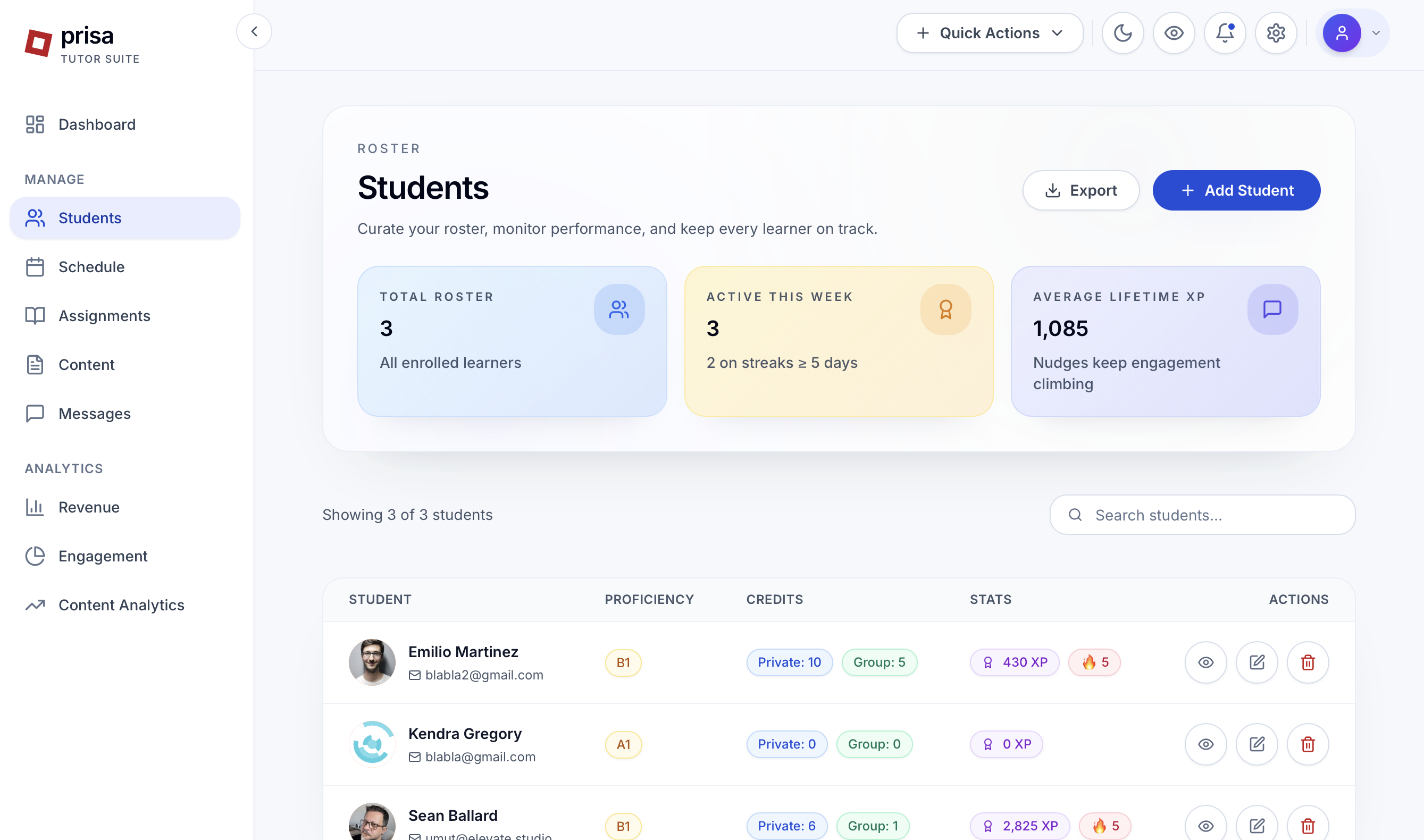 Prisa Tutor Suite Dashboard - Student Management